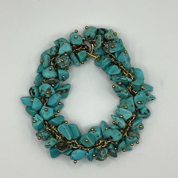 Bold Chunky Turquoise Chip Bracelet with Gold-Tone Beads - Picture 1 of 4